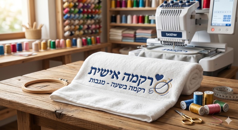 מגבת רקומה בעיצוב אישי על שולחן עבודה בחנות רקמה